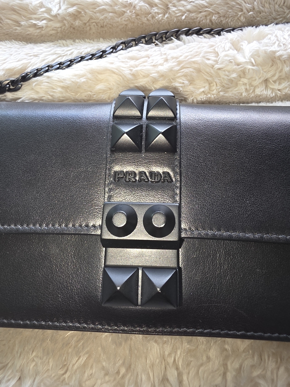 Authentic Prada Black Studded Wallet On A Chain Crossbody